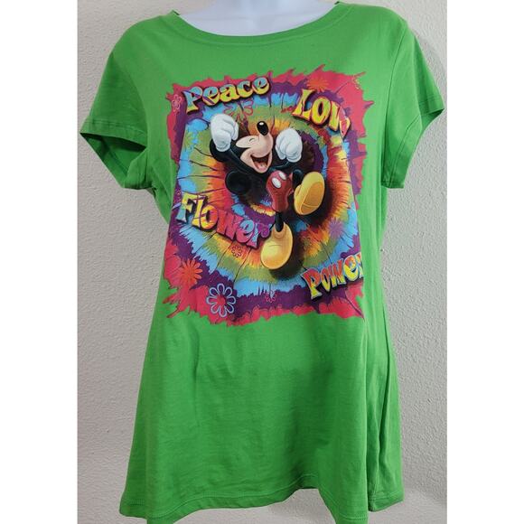 Disney Green Mickey Mouse Peace Love Flower Shirt XL Short Sleeves Boho - Picture 1 of 4